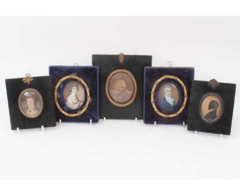 Group of portrait miniatures, including a pair of Geogian watercolour portraits on ivory of a Gentleman wearing blue frock co