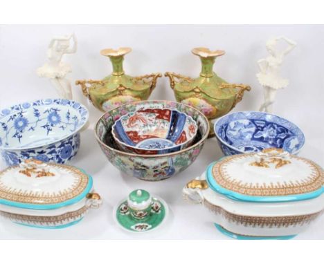 Assorted ceramics, including a pair of Royal Bonn vases, three Chinese bowls, a Japanese Imari bowl, a pair of ballerina figu