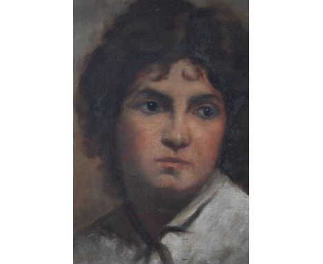 Victorian English School oil on canvas - head and shoulders portrait of a lady, in gilt frame, 35cm x 27cm 
