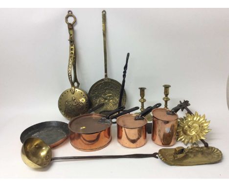 Collection of antique copper and brass, including pair of early 18th century brass candlesticks, wall mounted metal coconut c