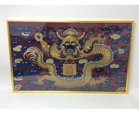 19th century Chinese silk dragon panel, finely embroidered in metal and coloured threads with four clawed dragon suspending c