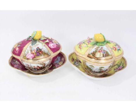 Near pair of Dresden porcelain lobed baskets and covers on stands, painted with panels of figures and flowers, lemon-form han