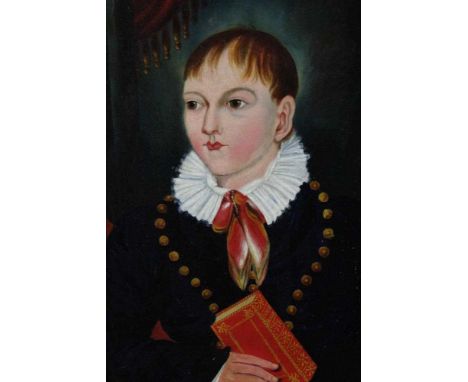 19th century naive oil on canvas - portrait of a boy holding a book, framed, 43cm x 32cm 