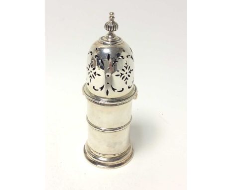 George V silver sugar caster of lighthouse from, plain body with central band of decoration, with pierced cover with bayonet 
