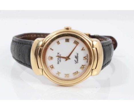 Ladies Rolex Cellini 18ct gold wristwatch with circular white enamel dial with applied gold Roman numerals and gold hands in 