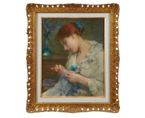 Tony Robert-Fleury (1839-1912) oil on canvas - Woman knitting, signed, 42 x 33cm in pierced gilt frameCondition report: Overa