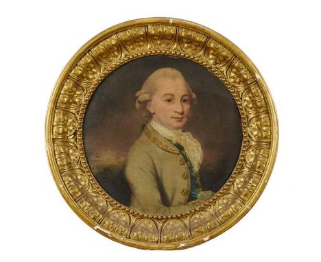 English School, 18th century, oil on canvas tondo portrait of Joseph Green, half length in green coat, his home Portugal Hous