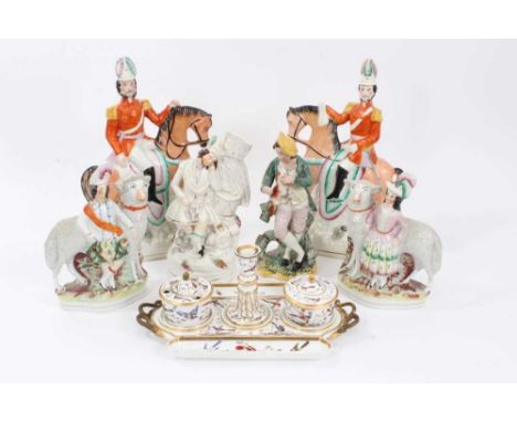 Collection of Victorian Staffordshire figures, including a pair of soldiers on horseback, a pair of Highland children standin