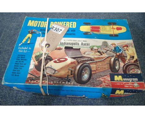 Vintage monogram 1/24th plastic kit for Indianapolis racing car c1959. Part built with instructions and decals and Monogram c