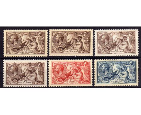 GB: 1918-19 BRADBURY WILKINSON SEAHORSES 2/6 SHADES (4), 5/- AND 10/-, ALL APPARENTLY MNH, 5/- AND 10/- EVENLY TONED GUM, SG 