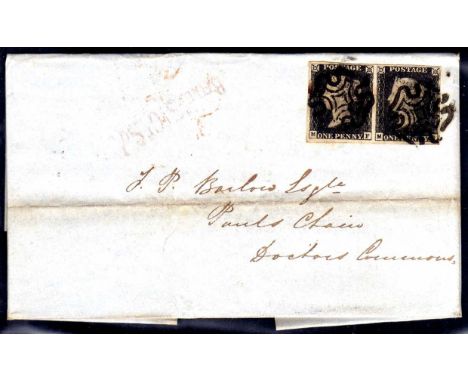 GB: 1840 AUGUST 31st LONDON LOCAL ENTIRE BEARING 1d BLACK PAIR PLATE 4 MF-MG, FOUR MARGINS, TIED BY EXPERIMENTAL BLACK MALTES