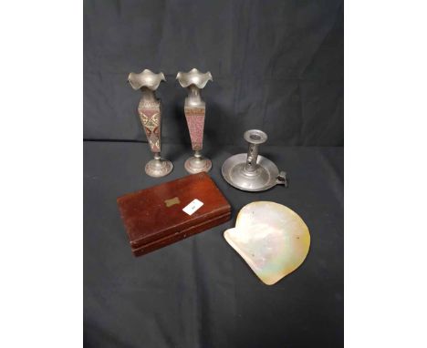 LOT OF BRASS AND METAL WARE 
including horse brasses, pair of vases, candlestick etc