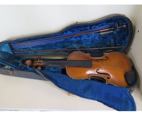 A vintage violin with mother of pearl decoration and a 14 inch single piece back with hard case and two bows, violin has loss