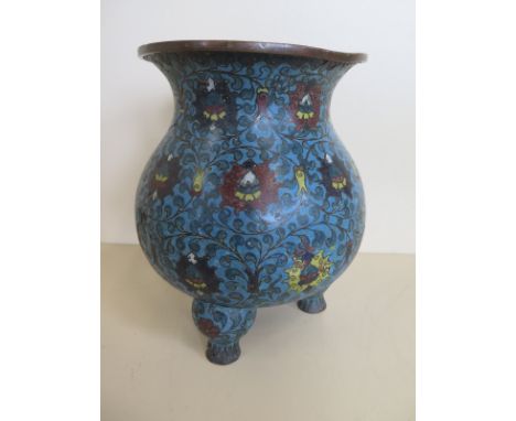 A Chinese 17th-18th century Cloisonne enamel tripod vase decorated with lotus scrolls - height 23.5cm - minor rim and foot da