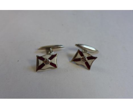 A pair of silver enamelled cufflinks of flag form with crown detail to centre, approx 0.25 troy oz, both generally in good co