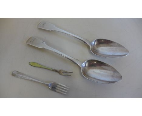 A pair of Georgian silver table spoons, London 1814 - together with a silver fork and and enamel and silver fork, overall app