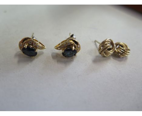 A pair of yellow gold earrings, set with small diamonds, and a pair of gold earrings, post to one missing, no hallmarks to al