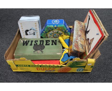 A box containing tins, Wisdon Table Tennis set, Monopoly Board game, a Swedish flag together with a small quantity of vinyl i