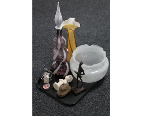A tray containing two studio glass vases, a decanter, a an opaque glass light fitting, glass paperweight, a metal trinket box