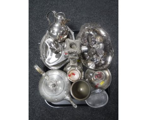 A tray of silver egg cup, and various silver plated wares, teapot, candelabrum etc