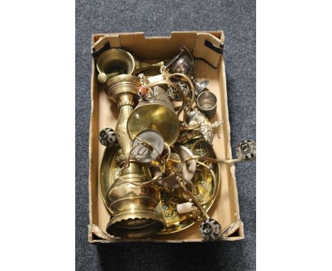 A box containing antique and later brass ware including brass planters, charger, pestle and mortar, together with two brass l