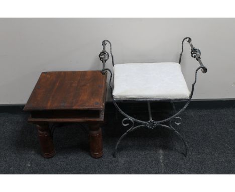 A wrought iron dressing table stool together with a lamp table 