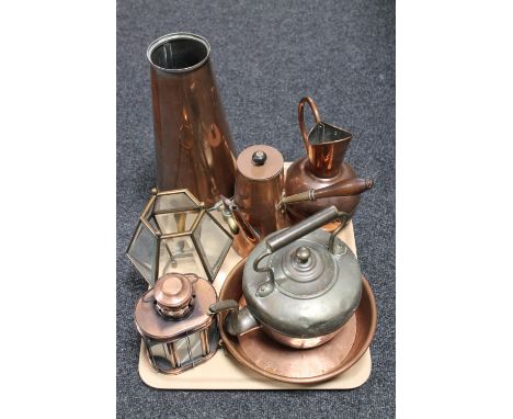 A tray of antique and later copper kettles, teapots, jugs, twin handled pan, copper tea light holder and a brass and glass sh
