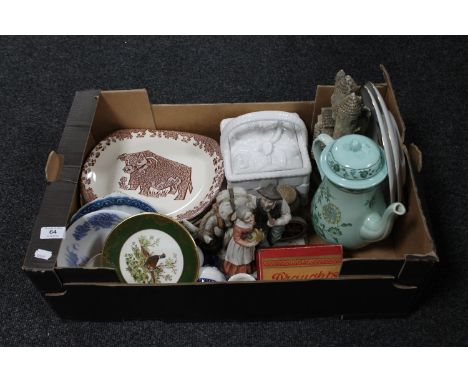 A tray containing assorted china including English pottery steak plate, continental items, an Adams Chinese Garden teapot etc