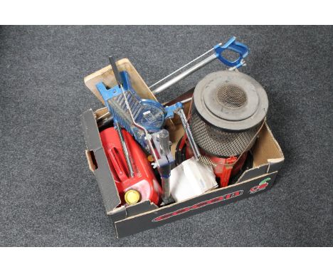 A box of drill stand, mitre saw, jerry can, paraffin lamp 