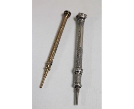 A yellow metal propelling pencil, together with a Sampson Mordan & Co. silver propelling pencil with bloodstone finial