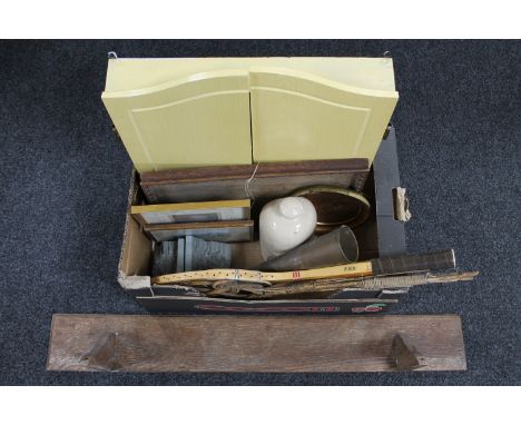 A box of dart board in cabinet, Edwardian oak tray, stoneware foot warmer, copper horn, vintage tennis racket, carpet beater 