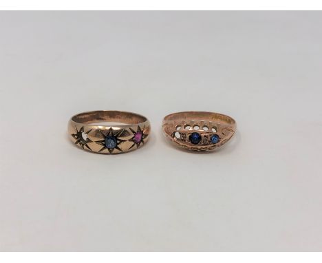 A Victorian 9ct gold sapphire set ring, together with an unmarked ruby and sapphire ring (stones deficient) CONDITION REPORT: