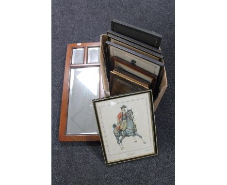 A box containing an Edwardian mahogany sectional framed wall mirror together with assorted framed coloured pictures including