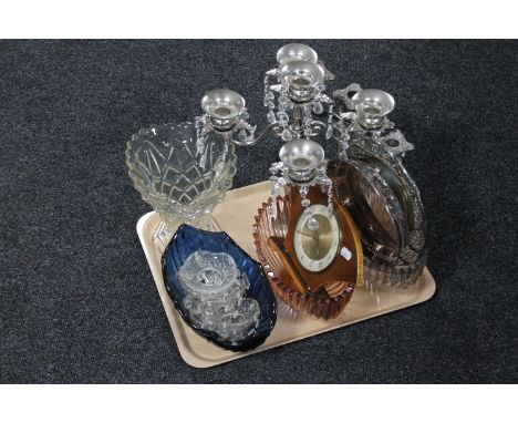 A tray containing 20th century glass vases and bowls, Bentima eight day mantel clock, plated ware, table candelabra 