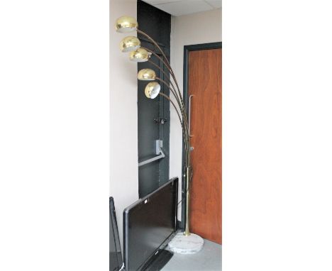 A large brass five branch floor lamp on circular marble base (continental wiring).