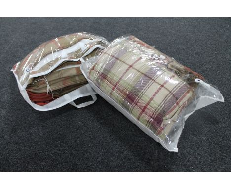 Two bags containing two pairs of tartan curtains, 90", width 72" with tie backs