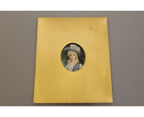 A nineteenth century portrait miniature depicting a  lady wearing a blue dress and hat.