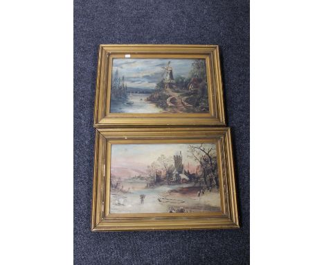 Two gilt framed oil on panel paintings depicting a windmill by a coastline and a man in a winter landscape, signed Edward Pee