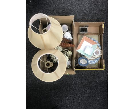 Two boxes of serving tray, china, glass vase, light fitting, brass letter rack and two table lamps 