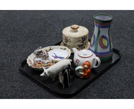 Tray containing assorted china including Beswick black gloss figure of a poodle, Beswick C.H Wallboy pig, a Crown Derby style