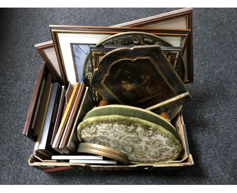 A box of tapestry footstool, brass plaque, gilt framed mirror, pictures and prints 