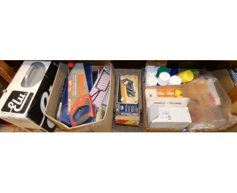 A box of consumables including gloves, grains, a rebate plane and acorn plane, a box of miscellaneous tools, saws and an Elu 