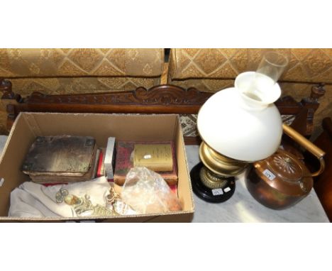 A copper kettle, brass oil lamp together with a box of miscellaneous collectables including butter pats, needlework encyclope