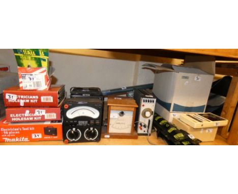 A selection of electric metres and tools including avometer, oscillator, amp meter and smaller