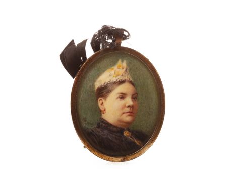 LATE VICTORIAN SIGNED PORTRAIT SET PENDANT, set with a portrait of a lady in 3/4 profile, signed with monogram CTB and dated 