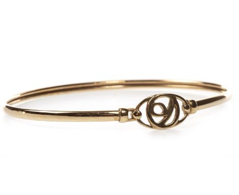 CHARLES RENNIE MACKINTOSH STYLE BANGLE, of oval form, the pierced clasp with Glasgow rose motif, 67mm to outer edge, unmarked