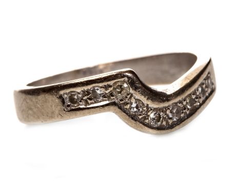 DIAMOND SET BAND, of curved form, set with a row of nine round diamonds, in eighteen carat white gold, size K 1/2, 4.1g