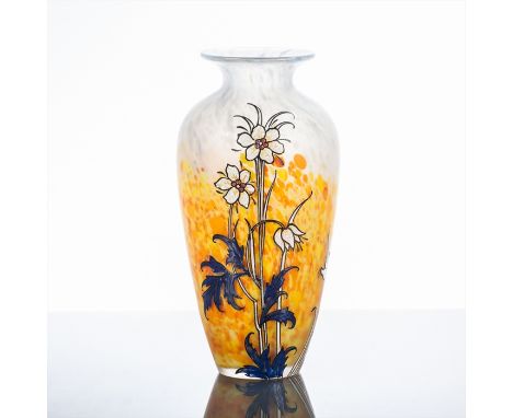 EARLY 20TH CENTURY LEGRAS CAMEO GLASS FLORAL VASE
of shouldered ovoid form with a floral enamel design over a cased mottled o