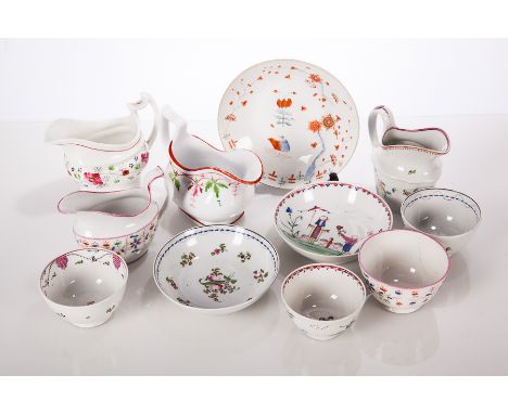 COLLECTION OF LATE 18TH CENTURY NEW HALL PORCELAIN
comprising three cream jugs, one of commode form, a sauceboat, four tea bo