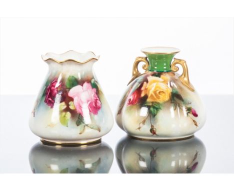 TWO ROYAL WORCESTER SMALL VASES
of squat baluster form and tapering form, each decorated with rose designs with gilt highligh